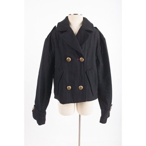 Zara Girls Black Cropped Pea Coat Jacket US 11-12 Yrs 152cm Epaulette Wool NWT